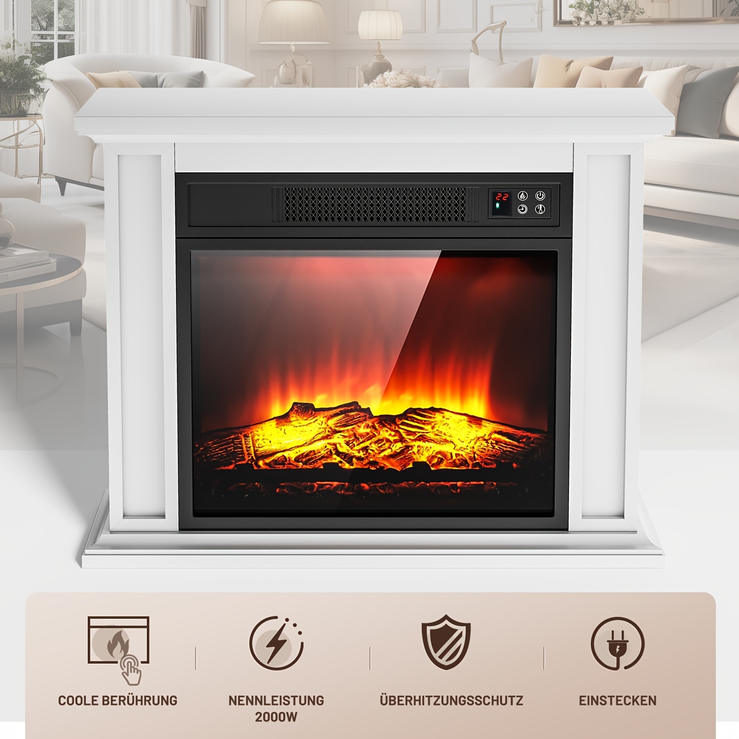 Image of 23" Electric Fireplace With Mantel, Replaceable Fireplace Insert, Freestanding, Realistic Log And Flame Effect, Mantel Fireplace With Storage Shelf, 2000w