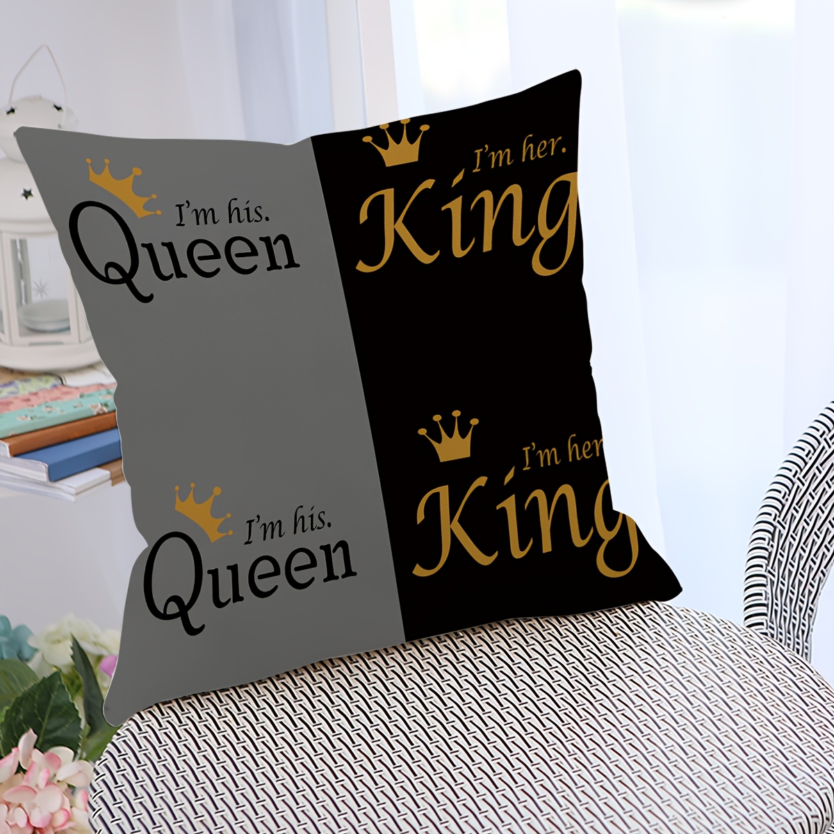 

1pc Queen & Print Pillowcase - Soft Short Plush, Grey & Black With Golden Text, 18"x18", Ideal For Valentine's Day Home Decor, Valentines Decor