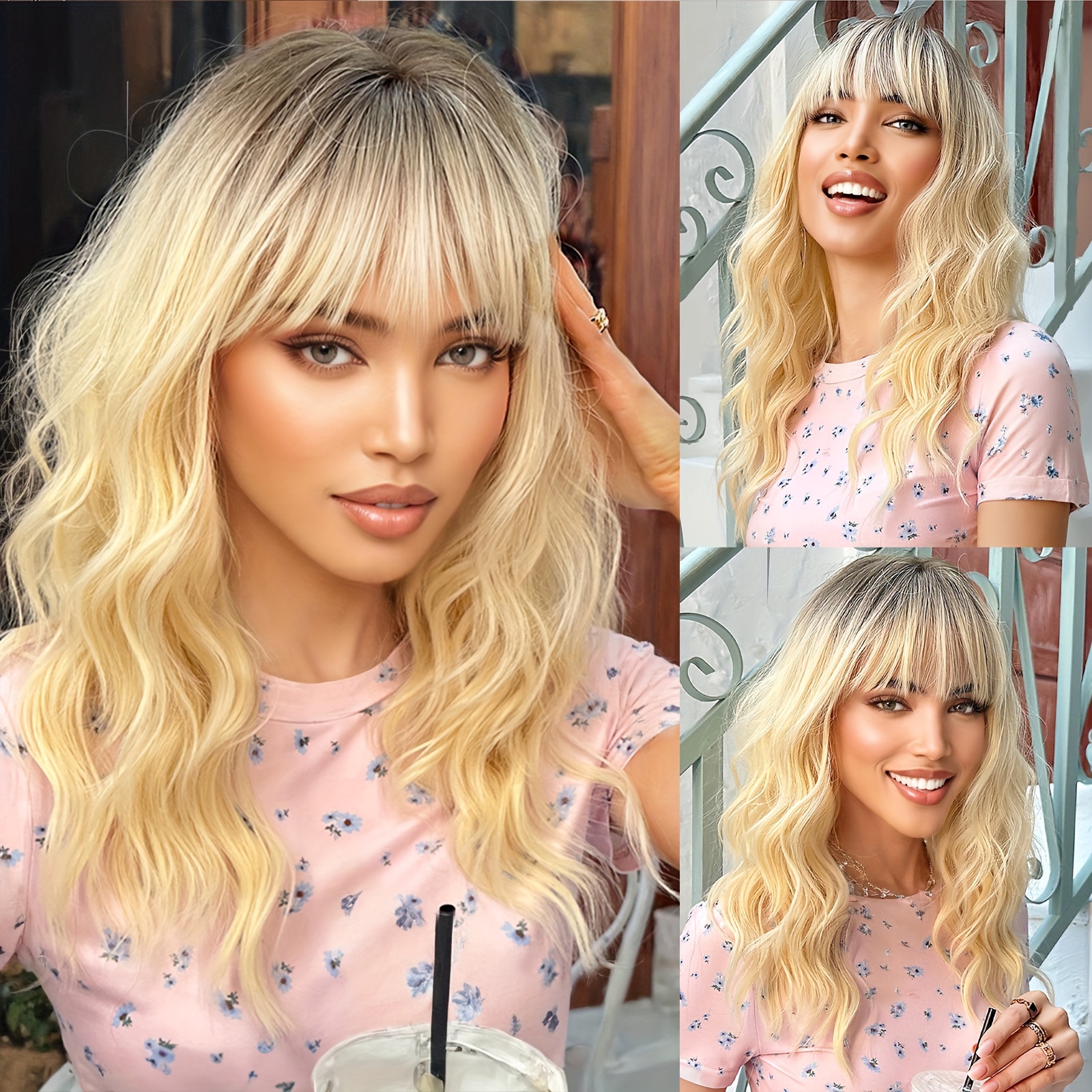 white golden gradient straight bangs medium length curly Temu