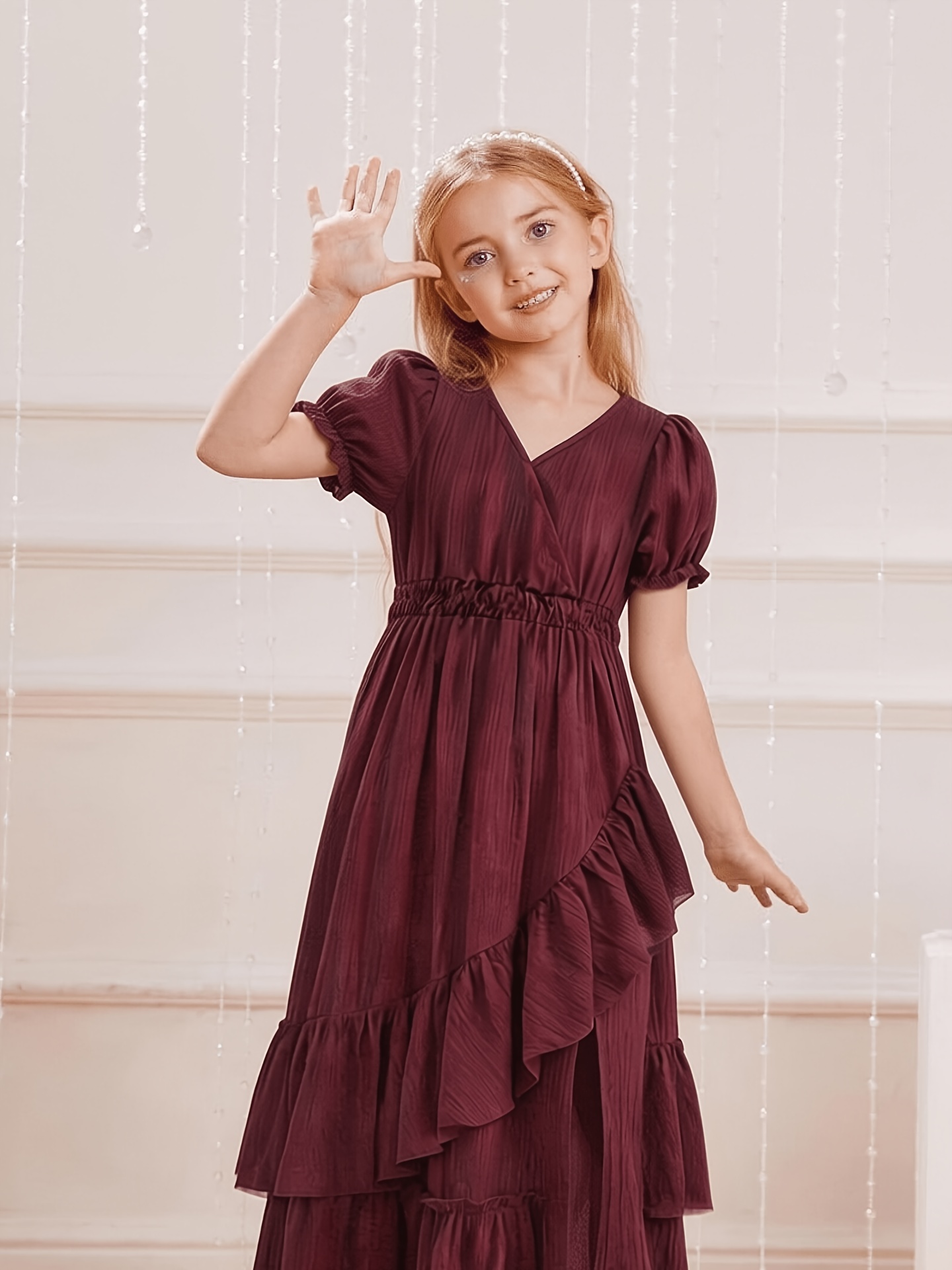 magenta v neck waist cinching dress puff sleeves ruffle hem - Temu Belgium
