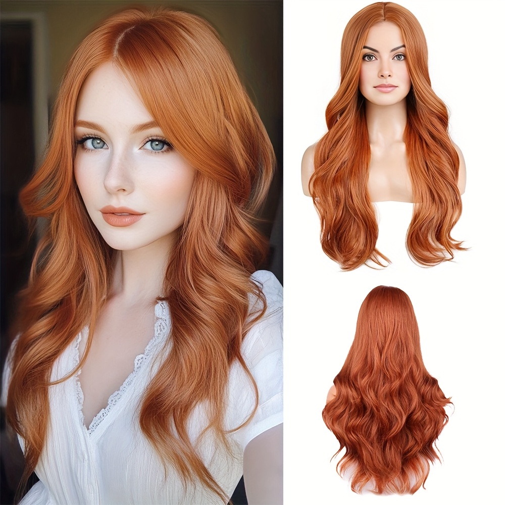 Image of Long Ginger Wig 30 Inch Curly Wavy Synthetic Wig For Women Middle Part, Orange For Daily Party Use For Cosplay Halloween Christmas Gifts Use