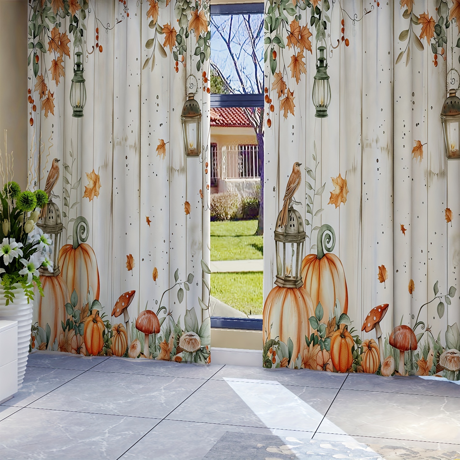 

2-pack, All-season Pumpkin, Mushroom, Bird, Maple Leaf Print Curtains, Living Room Curtain Rod Pocket Curtains, Living Room Furniture Decoration, Home Decor