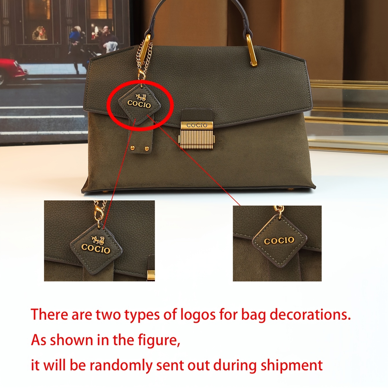 Handbag held on model's arm