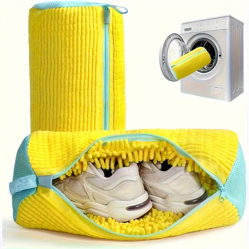 durable shoe washing machine bag yellow with blue zipper protective laundry bag with rich fluff interior ideal for sneakers and casual shoes non woven fabric zipper closure footwear cleaning solution zippered laundry bag durable zipper closure shoe storage organizer laundry bags details 0