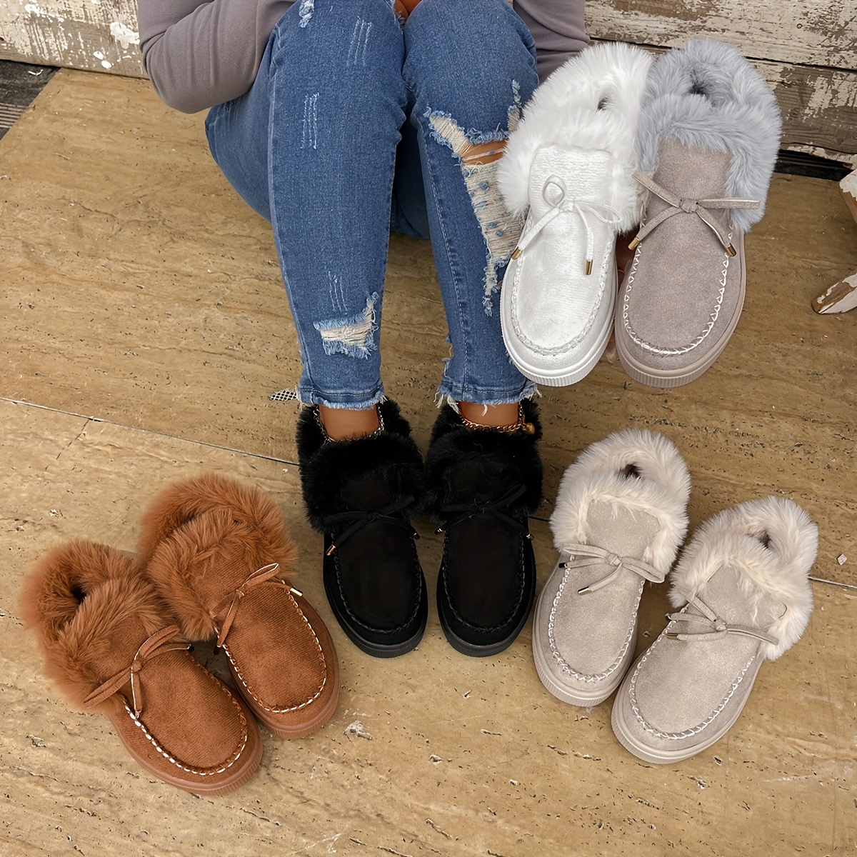 cozy womens winter ankle boots with bowknot plush lined slip on casual shoes for   for winter autumn 2