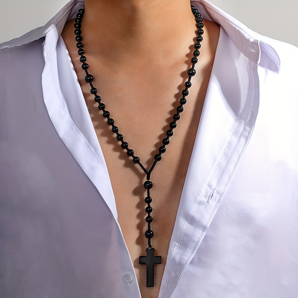 Image of A Handmade Long Necklace For Men Featuring An Ethnic-style Wooden Cross Pendant With Black Beads, Wear
