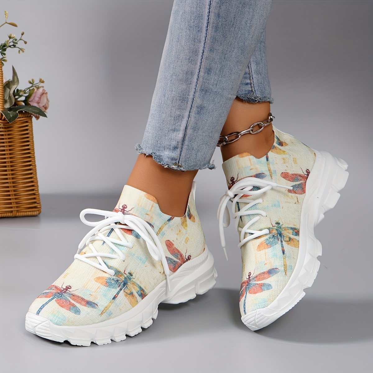 

Women's Dragonfly Print Platform Sneakers, Breathable Knit Lace Up Outdoor Shoes, Comfortable Low Top Sport Shoes