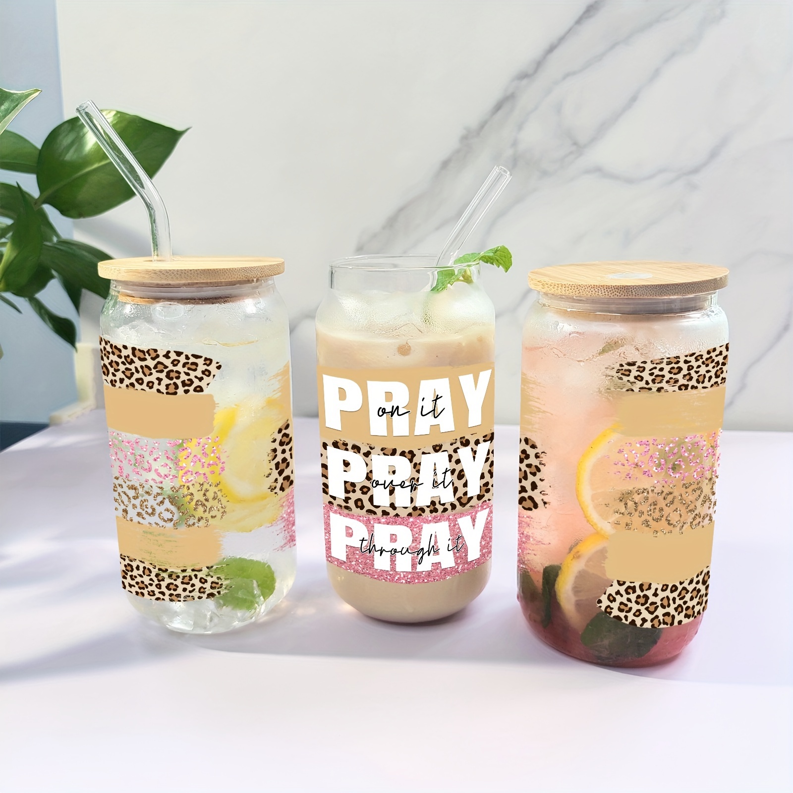 

Pray Over It" 16oz Glass Tumbler With Bamboo Lid & Straw - Reusable, Sustainable Clear Cup For Iced Coffee, Juice, And Cold Drinks - Perfect Birthday, New Year, Or Christmas Gift