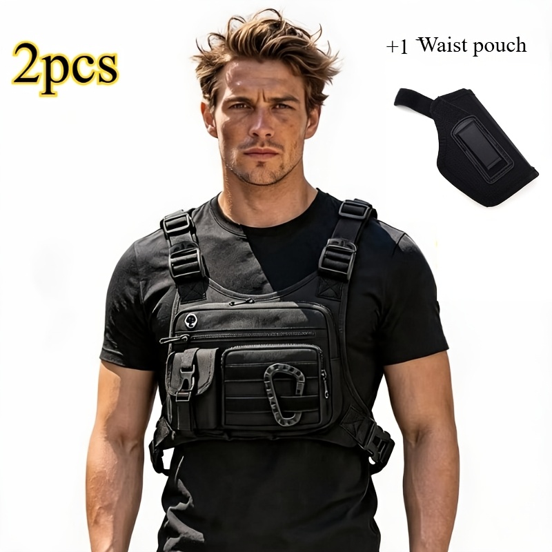 TEMU 2pcs Men's Tactical Chest Vest & Waist Pack Set - Large-capacity Vest Bag With Belt System, Compatible For Hiking, Cycling, Running Gear,