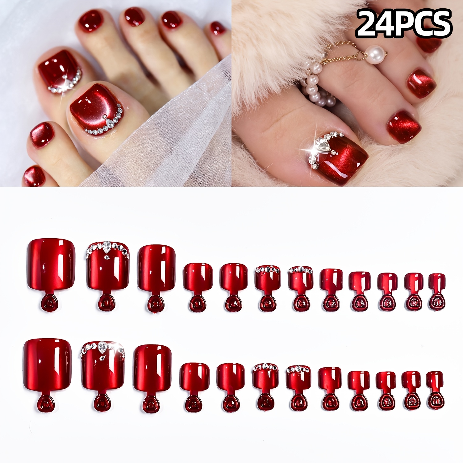 TEMU 24pcs Wine Red Cat Eye Rhinestone Press On Toenails, Reusable Full Cover Glossy False Toenails For Women Daily Party Holiday Wear