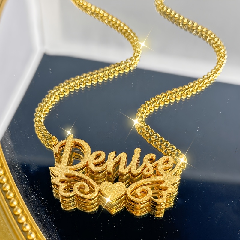 TEMU Custom Name Double-layer Necklace 304 Stainless Steel Cuban Chain Heart Crown 3d Nameplate Pendant 2025 New Necklace Summer Daily Wear