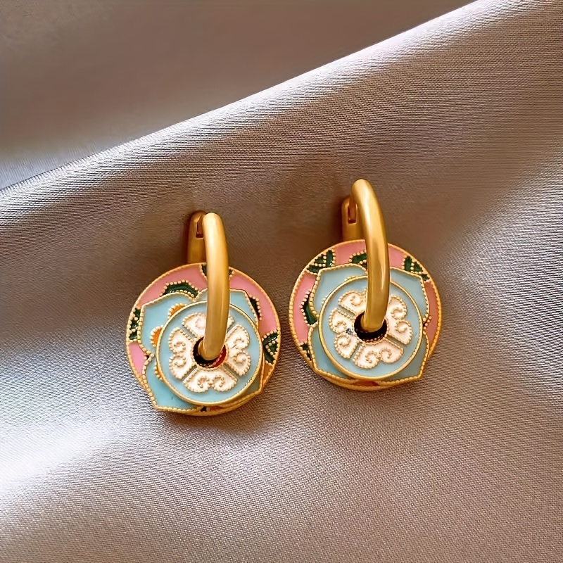 TEMU [daily Luxury Flower Hoop Earrings] Vintage Boho Enamel Flower Hoop Earrings, Golden Plated Copper, Lightweight Jewelry, Ideal For & Gifting, Versatile Accessory