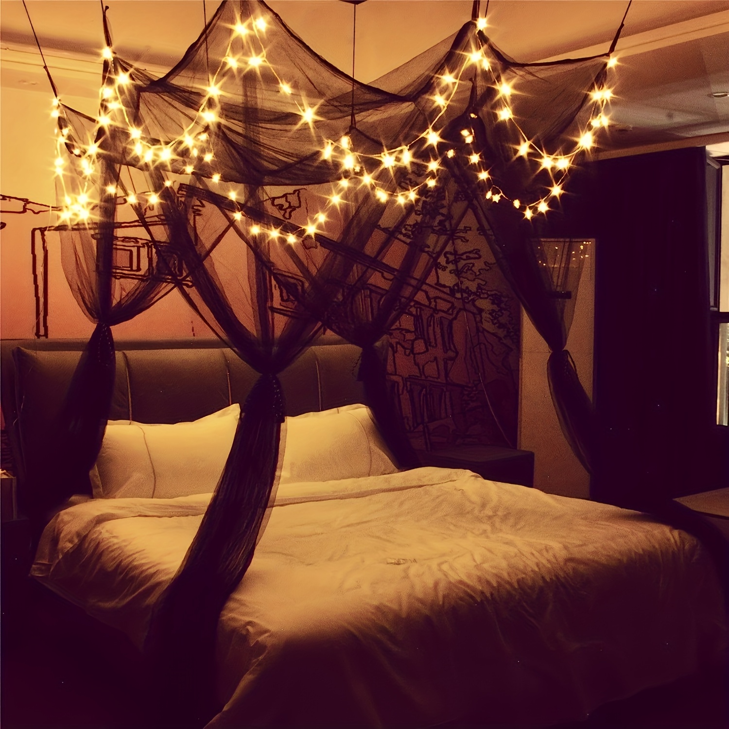 8 corner bed top with 100 led star string lights battery powered   of bed net 4 door square awning bed curtain recommended double bed double bed large bed details 0