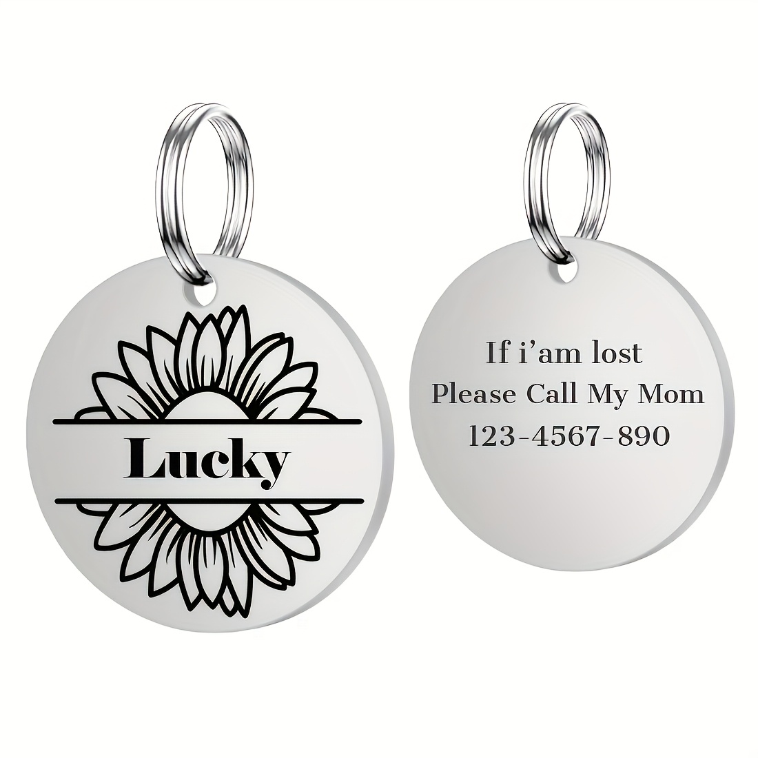 TEMU 1 Laser-printed Stainless Steel Pet Id Tag Featuring Sunflower , Uniquely Stylish And . Supports Double-sided Engraving For Self- Pet Names,