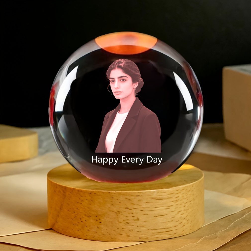TEMU Lampe Boule de Cristal avec Photo/ Personnalisé & en Bois Alimenté par USB - Cadre Photo en Verre Adapté à la Décoration de Bureau à Domicile,