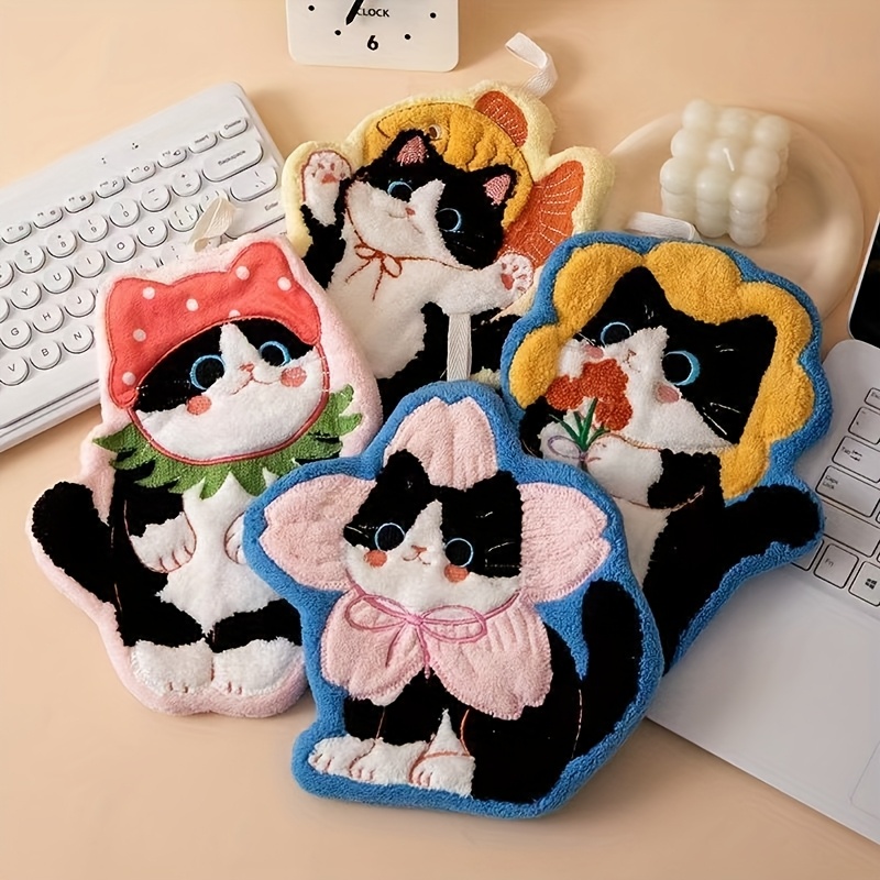 TEMU A Collection Of 4 Adorable Cat-themed Coral Fleece Hand Towels That Are Absorbent And Dry Quickly. Are The Skin And Come With Hanging Loops, Making Them Perfect For Use In Kitchens And Bathrooms