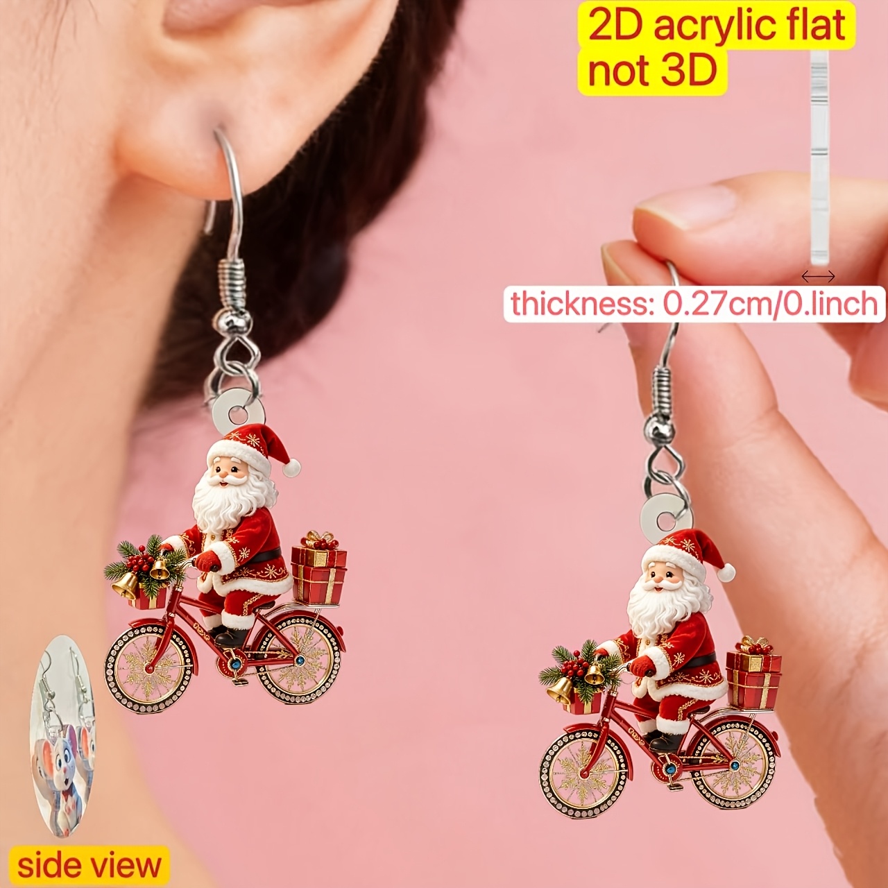 TEMU Boucles d'oreilles plates 2D, [2D Flat] 1 paire, Nouveau style 2026, Boucles d'oreilles plates 2D en acrylique, Boucles d'oreilles Père Noël sur