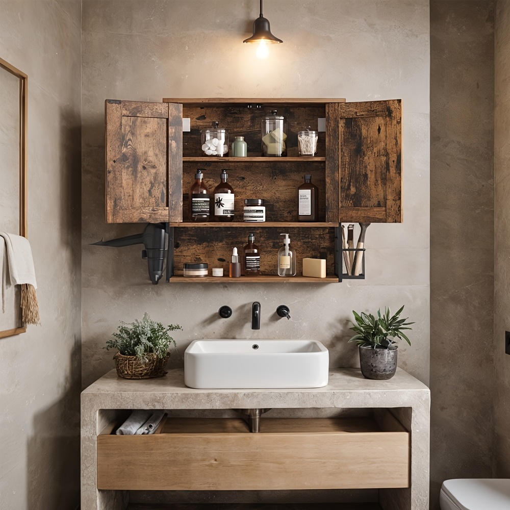 Image of Wall Cabinet, Bathroom Cabinet, 2 Door Cupboard With Adjustable Shelf, Hairdryer Holder, Mesh Brush Holder, 60 X 16 X 60cm, Rustic Brown And Black