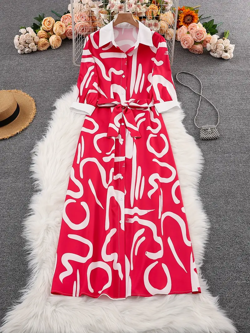 womens elegant geometric print midi dress red white contrast - Temu womens elegant geometric print midi dress red white contrast - Temu