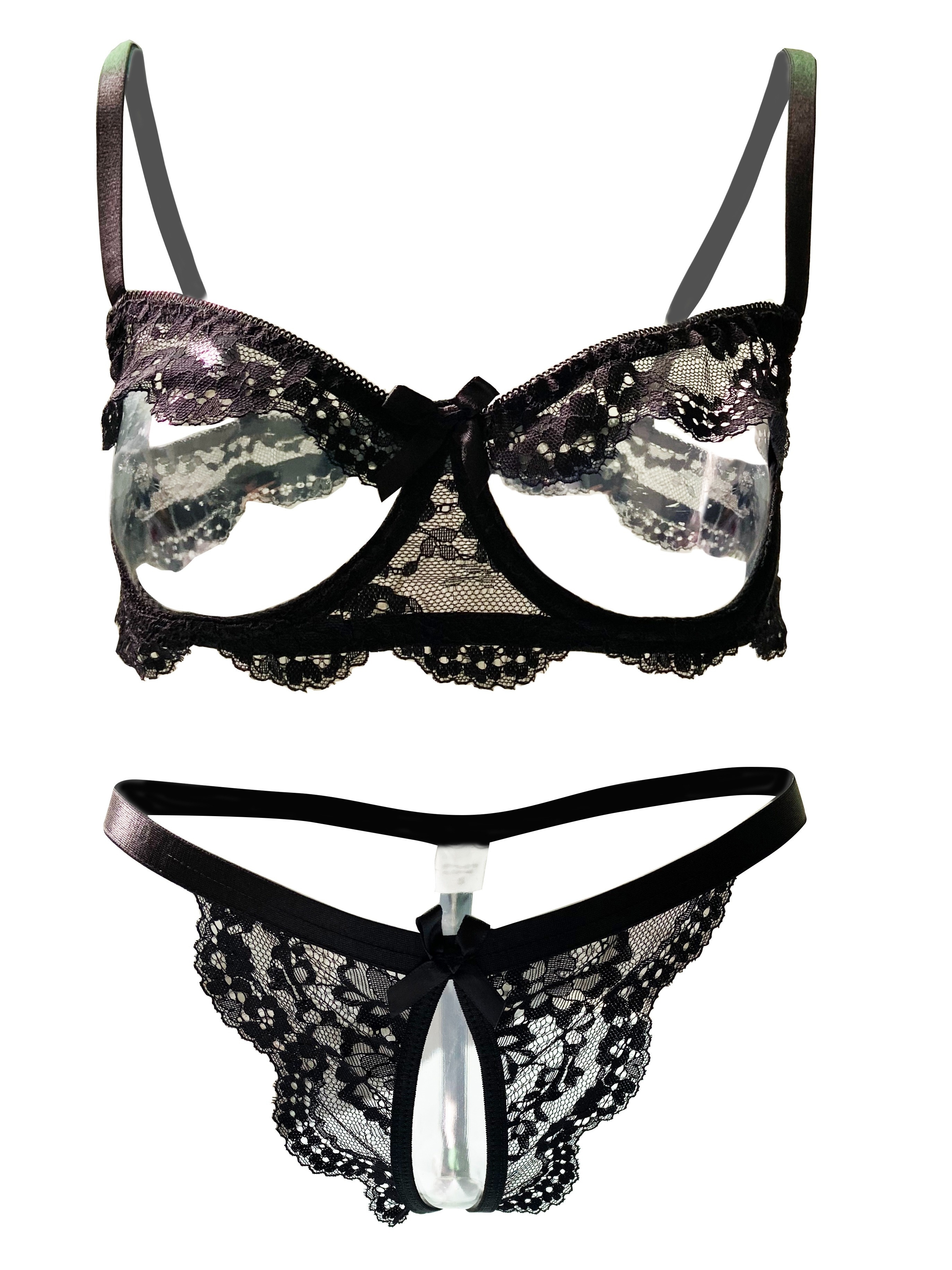 Sexy Floral Lace Lingerie Set With Open Bust Bra And Crotchless Panties For  Women