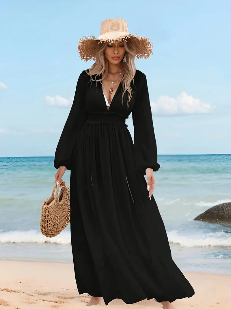 womens elegant white long sleeve beach tunic dress deep v - Temu Mauritius womens elegant white long sleeve beach tunic dress deep v - Temu Mauritius