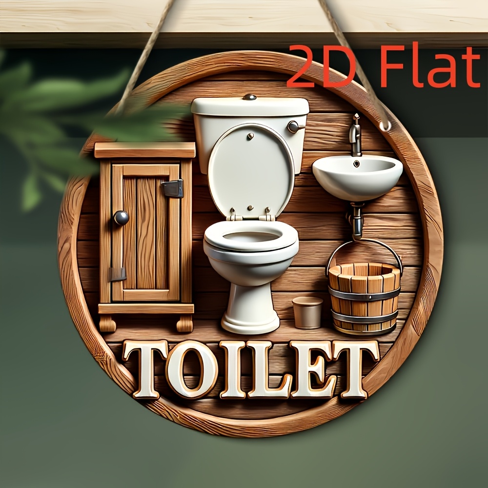 Image of 2d Flat - 1pc 2d Flat 8x8 Inch Round Wooden Bathroom Sign - Retro Style, Home And Outdoor Wall Decor, Perfect Gift For Women