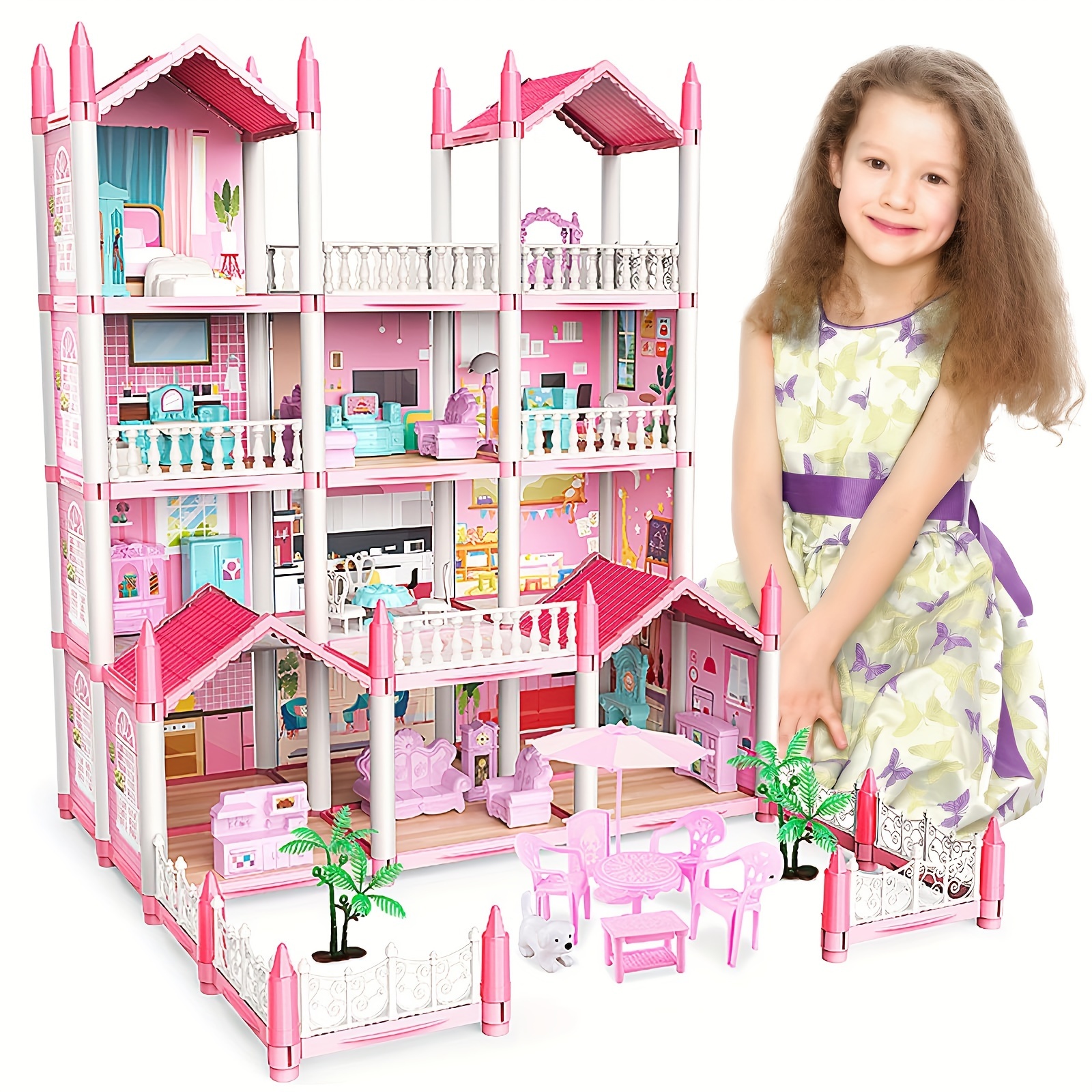 

Doll House For Girls, 14 Rooms Dollhouse With Dolls Figure, Puppies, Furnitures, Accessories, Led Light, Toddler Playhouse Gift For For 3-10 Year Old Girls Toys (pink)