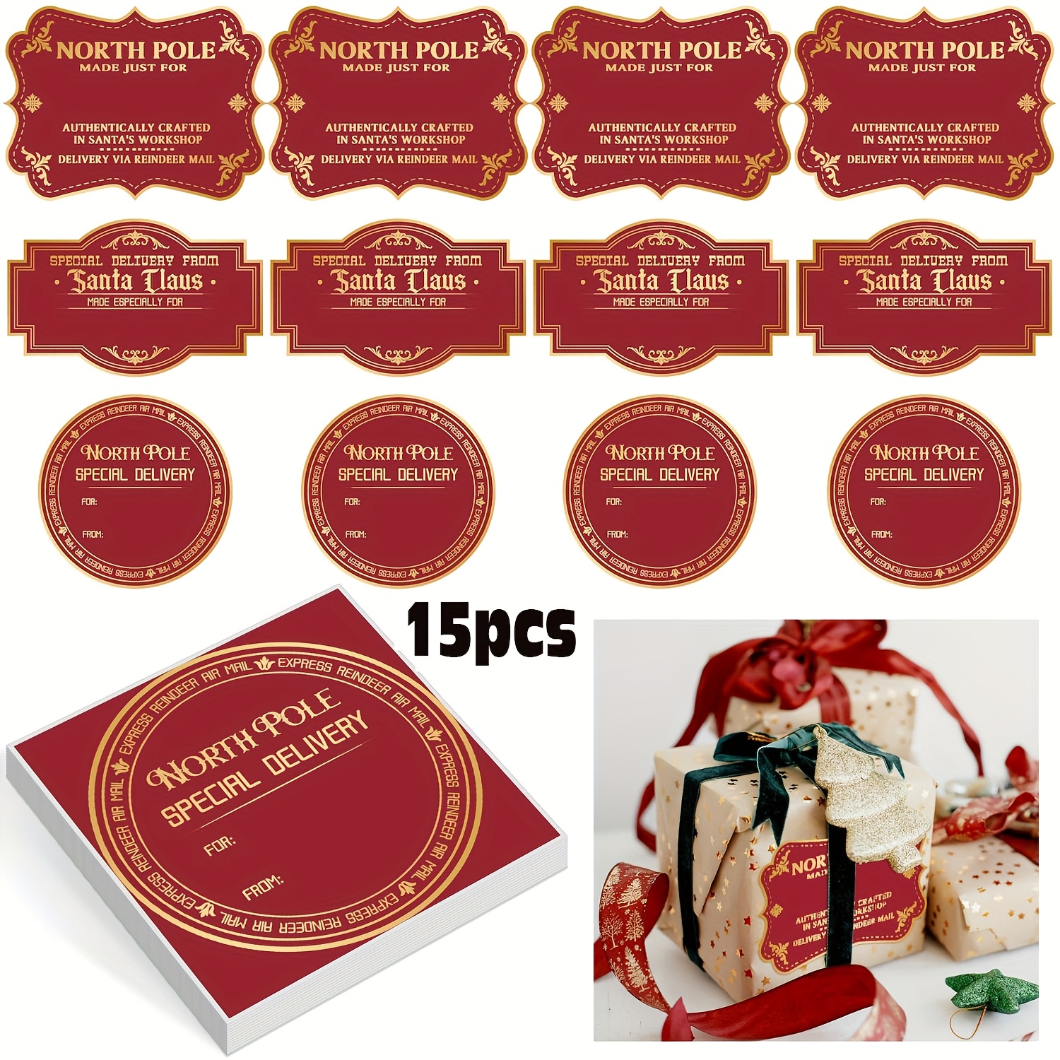 TEMU 15 Sheets/5 Sheets, Santa Claus Christmas Stickers, Christmas Gift Label Stickers, Santa Claus Pole Vintage Stickers, Festive Christmas Label