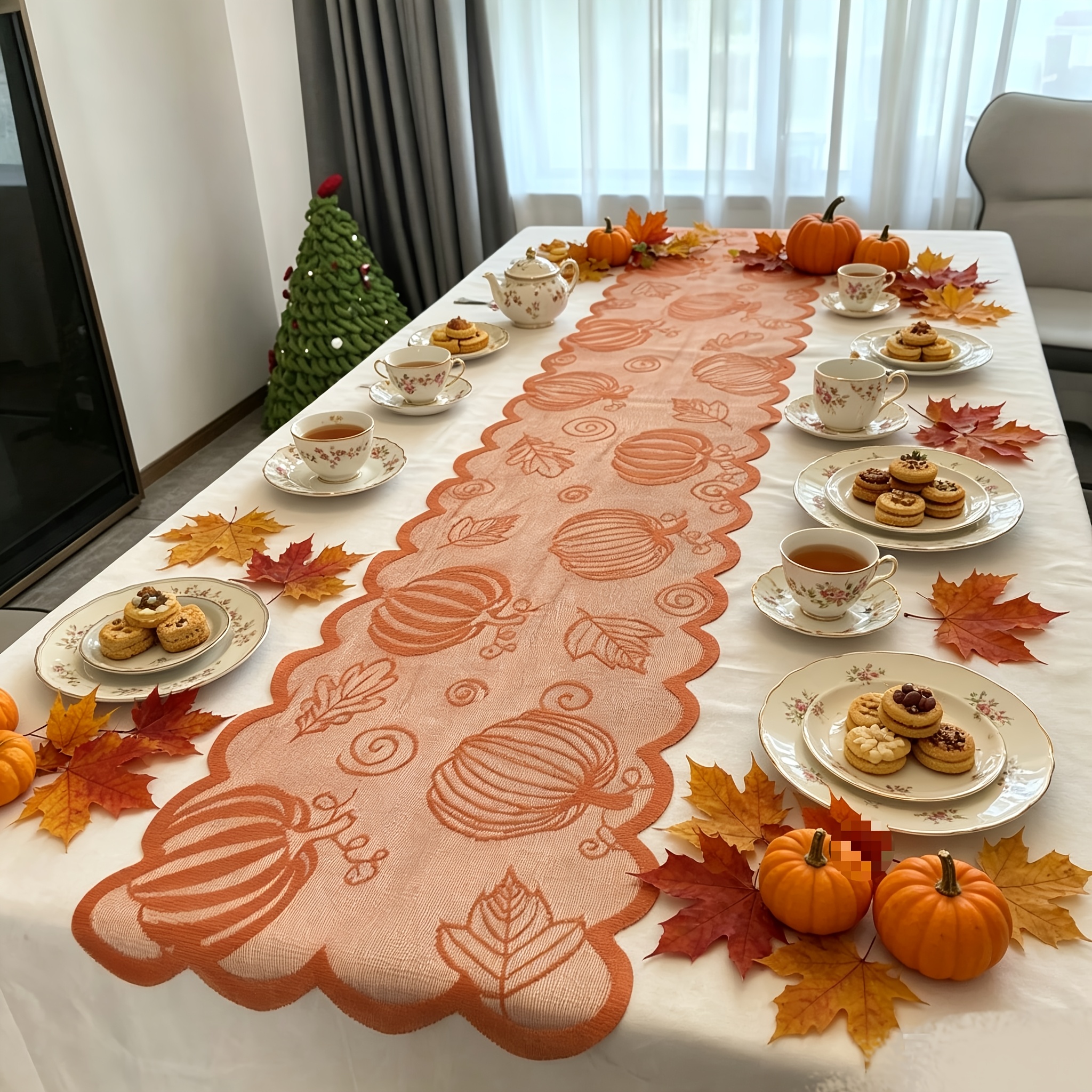 TEMU 1 chemin de table automnal à bordure festonnée avec citrouille et feuilles d'érable, décoration de centre de table pour de la moisson d'automne