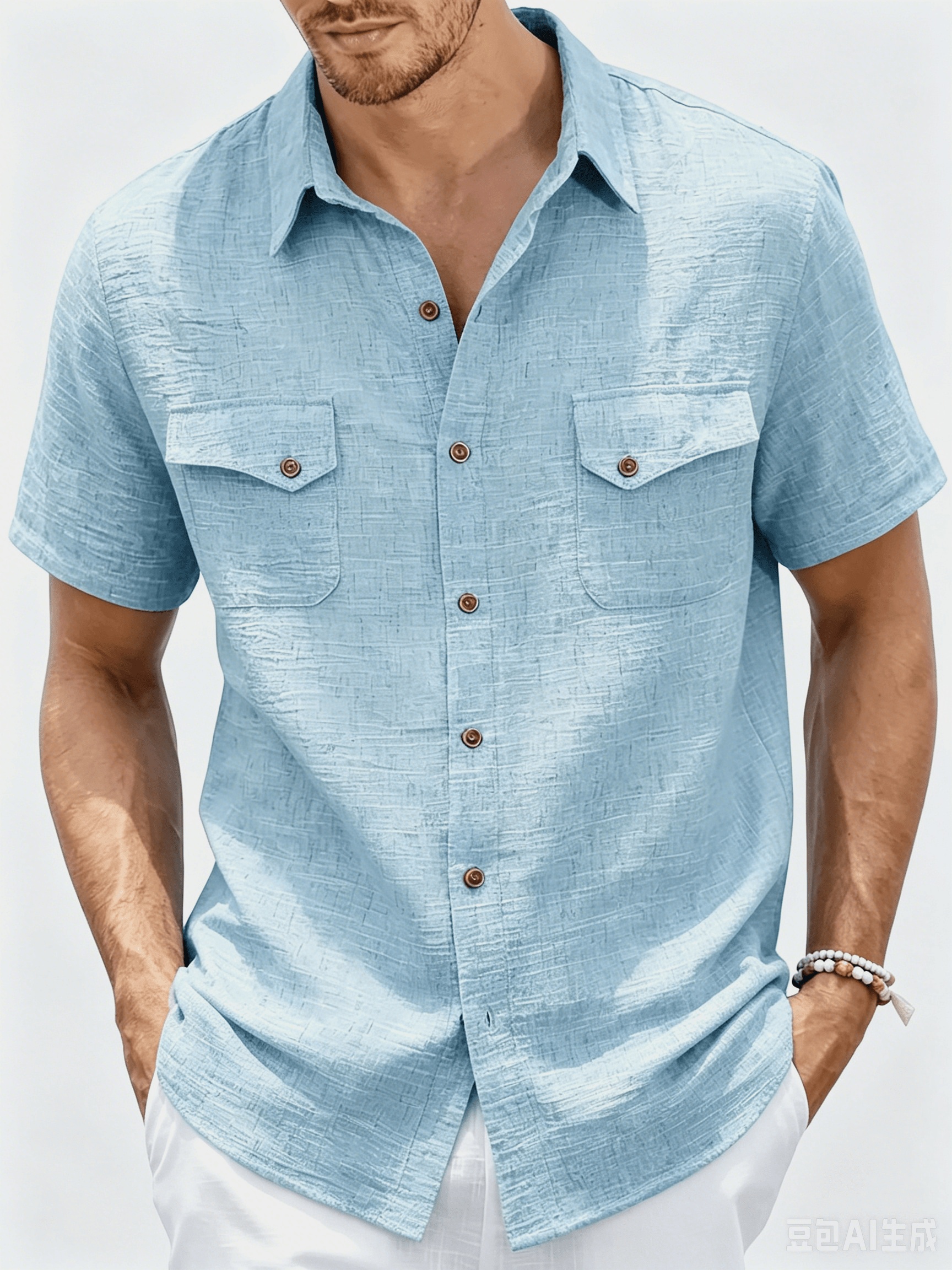 summer mens linen short sleeve shirt casual vacation mens lapel double pocket button up cardigan top