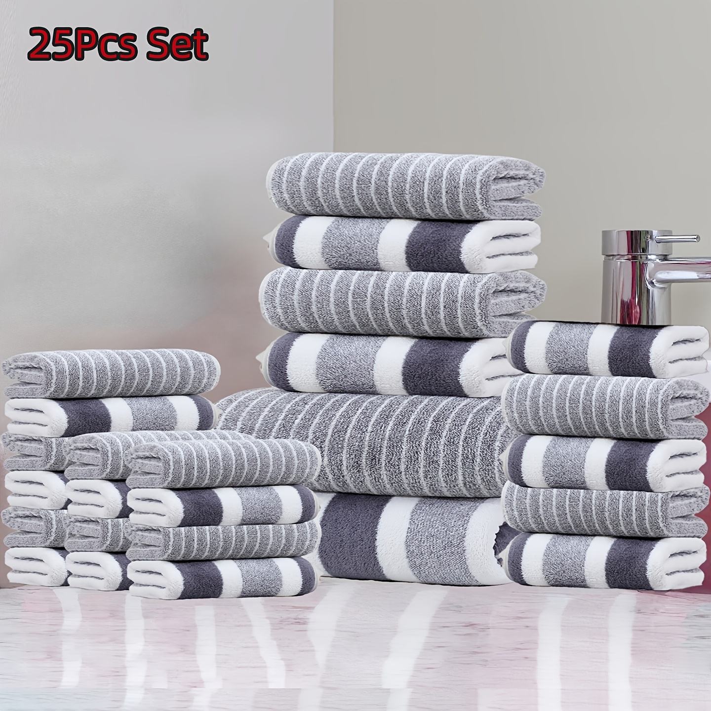 25pcs Set, 2pcs 27.56 X 55.12-inch Bath Towels, 9pcs 13.78 X 29.53-inch Hand Towels, 14pcs X -inch Washcloths, Quick-dry, Fast Absorbent, Lightweight, Ideal For Home, Hotel And Spa