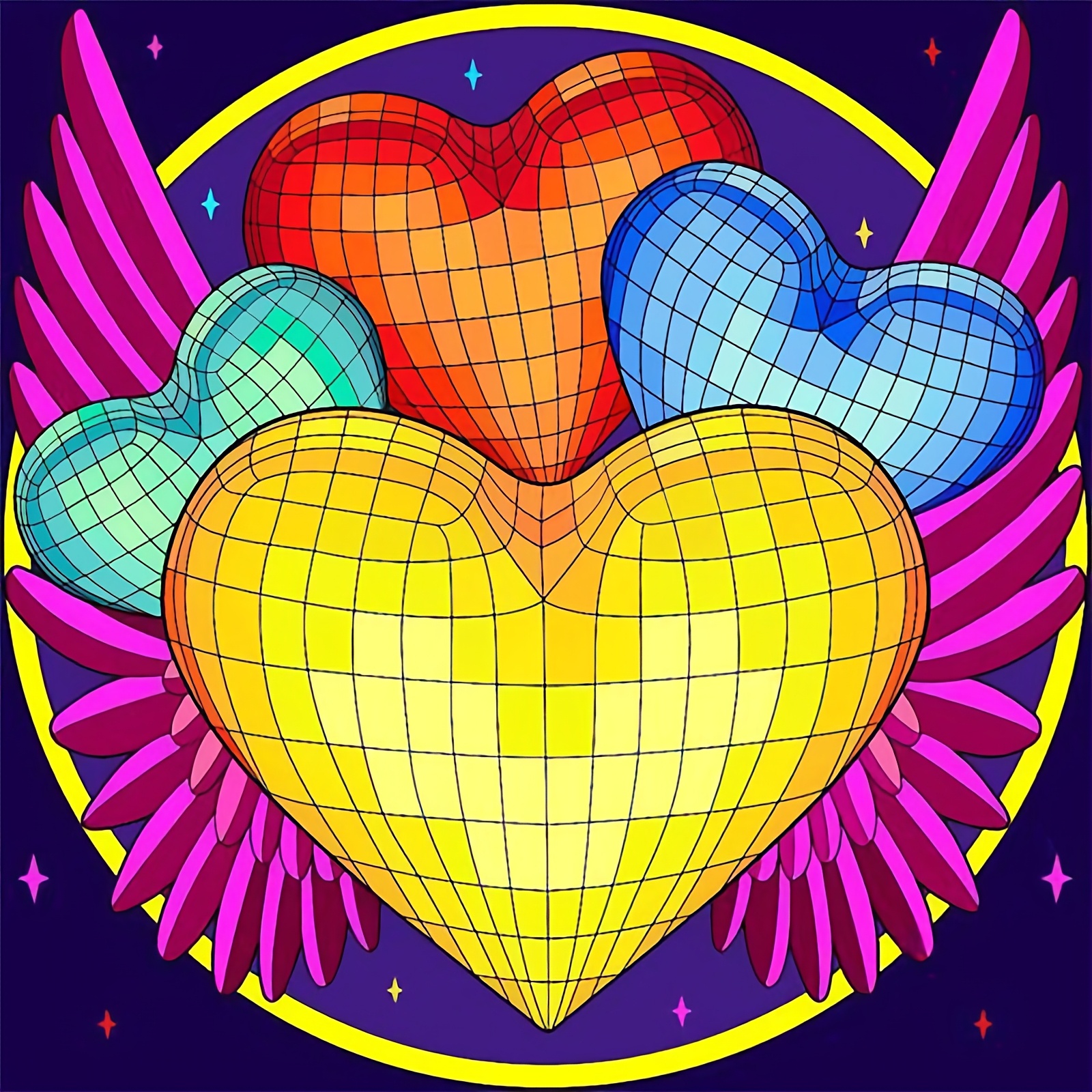 Cross-Stitch Printing Kit, Colorful Winged Grid Heart Design for Beginners