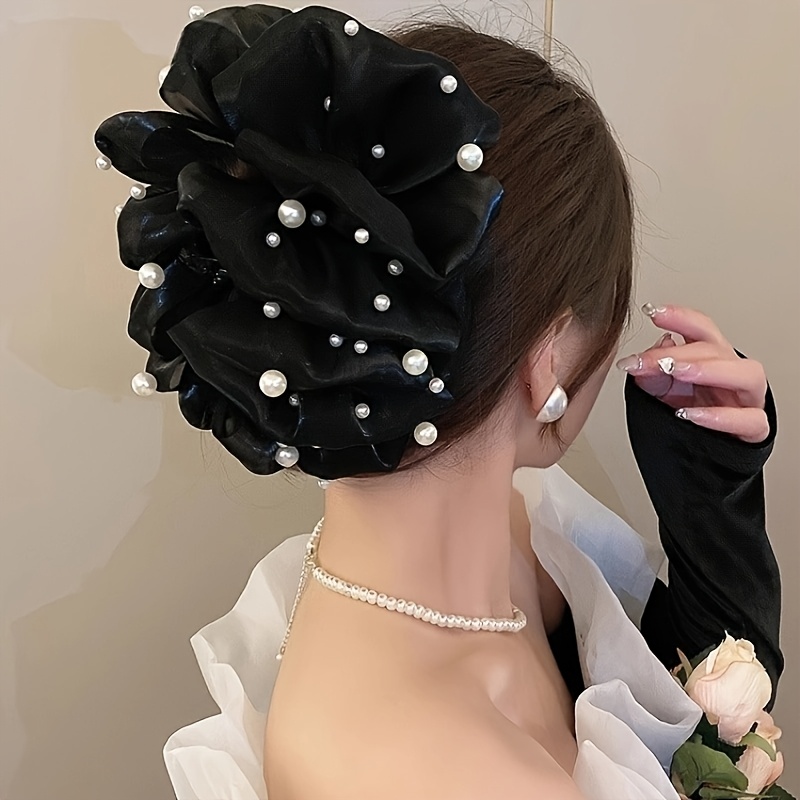TEMU Estilo de Pinza para el Cabello con Malla de y Perlas , Elegante Multicapa de Gran Tamaño para la Parte Trasera de la Cabeza