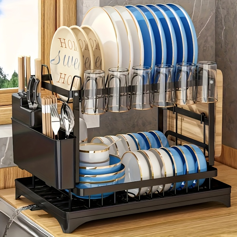 TEMU Multi-functional Carbon Steel Dish Rack - 2-tier Space-saving Kitchen Organizer With Drainage Board, Utensil Holder, Cup & Wine Glass Rack,