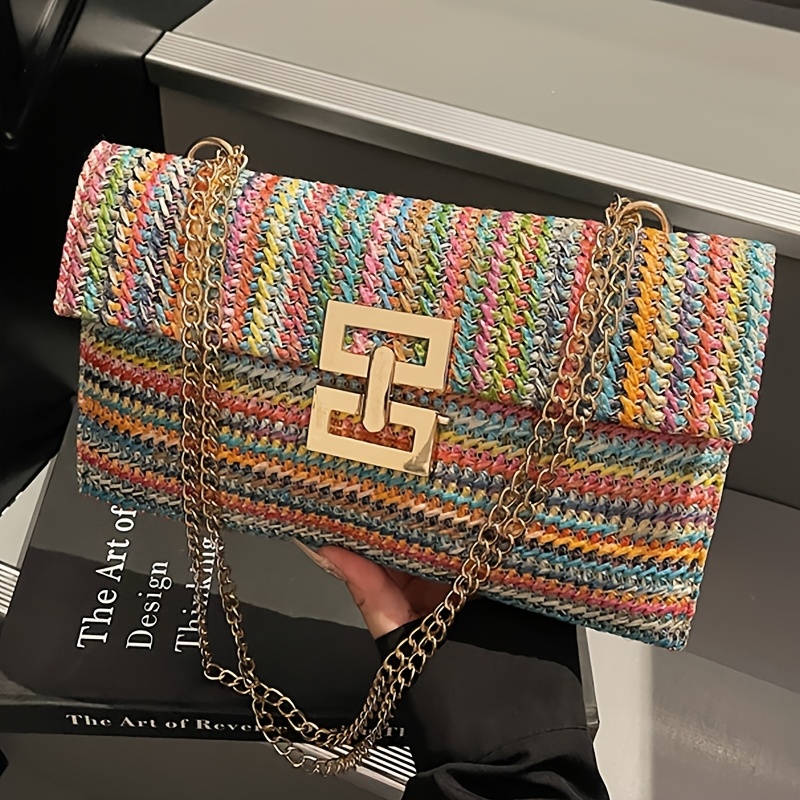 E-shop [MINI] Neue Damenmode Trendige Bunte Gestreifte Schultertasche, Multi-Fach Bohemian Style Strohgeflecht mit Ketten-Schultergurt Umhängetasche,