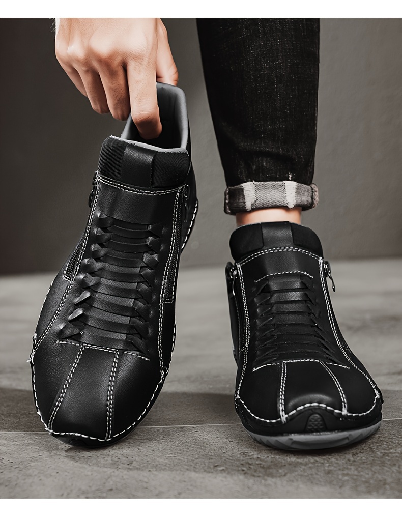 [Casual & Outdoor Shoes] Men's Ankle-High Zipper Boots - PU Upper & Rubber Sole, Slip-On/Lace-Like Zip Closure, All-Terrain Traction (EU 39-48), Casual & Outdoor Shoes for Winter/Spring/Fall, Round Toe Ankle Booties with Cushioned Insole
