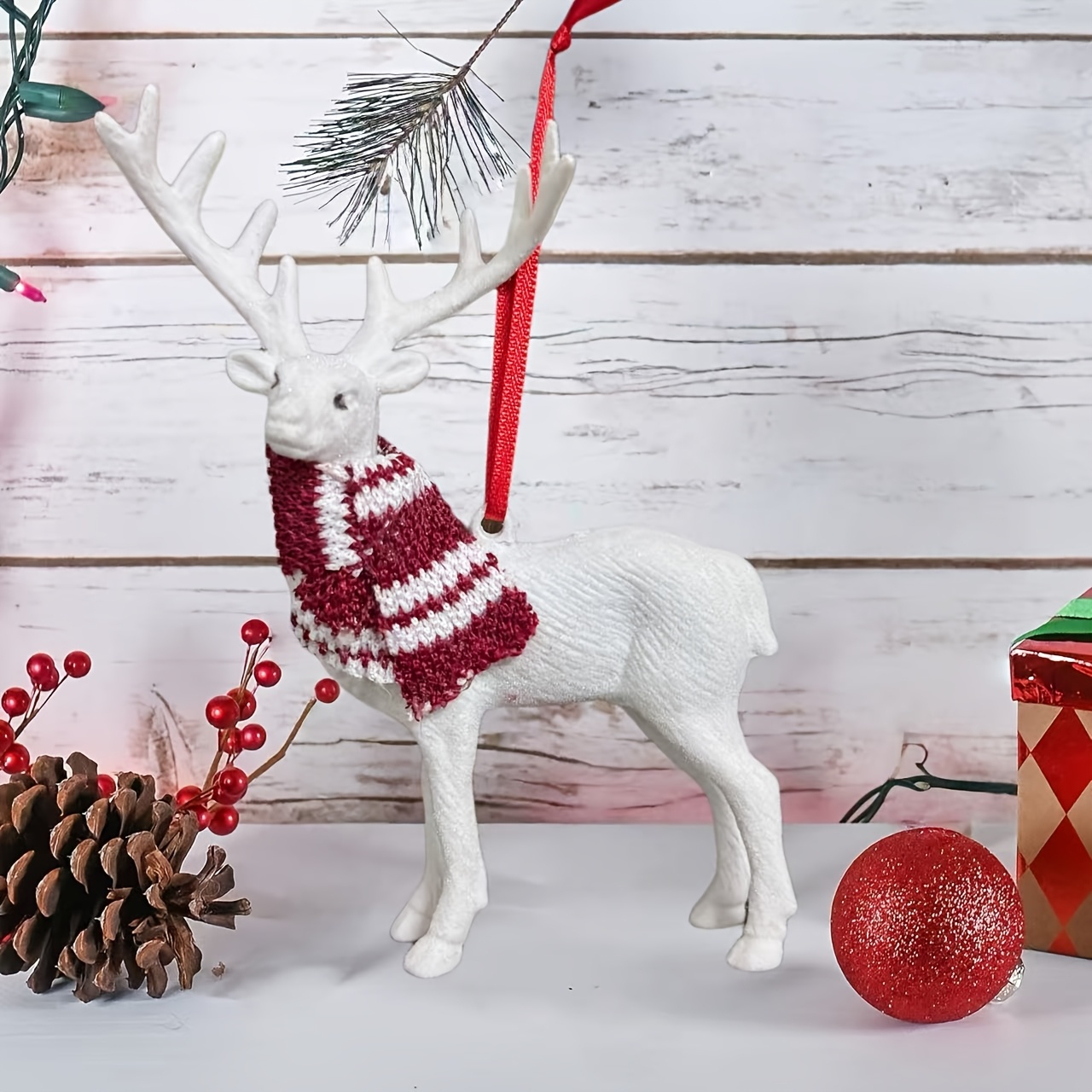 TEMU Festlicher weißer Hirsch Baumtopper Ornament Weihnachtsdekoration Baumspitze Feiertagsparty Heimdekoration, Dekorationen. Außendekorationen,
