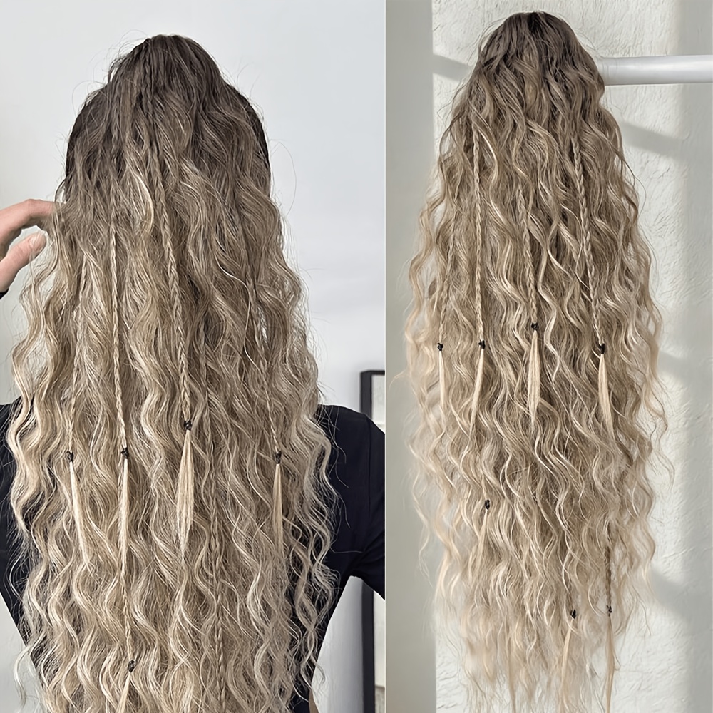 Image of Ombre Brown Wavy Synthetic Ponytail Wig With Braided Extension, Suitable For Women To Wear On Christmas, Halloween, Music Festivals, Parties And Daily Use 26 Inch