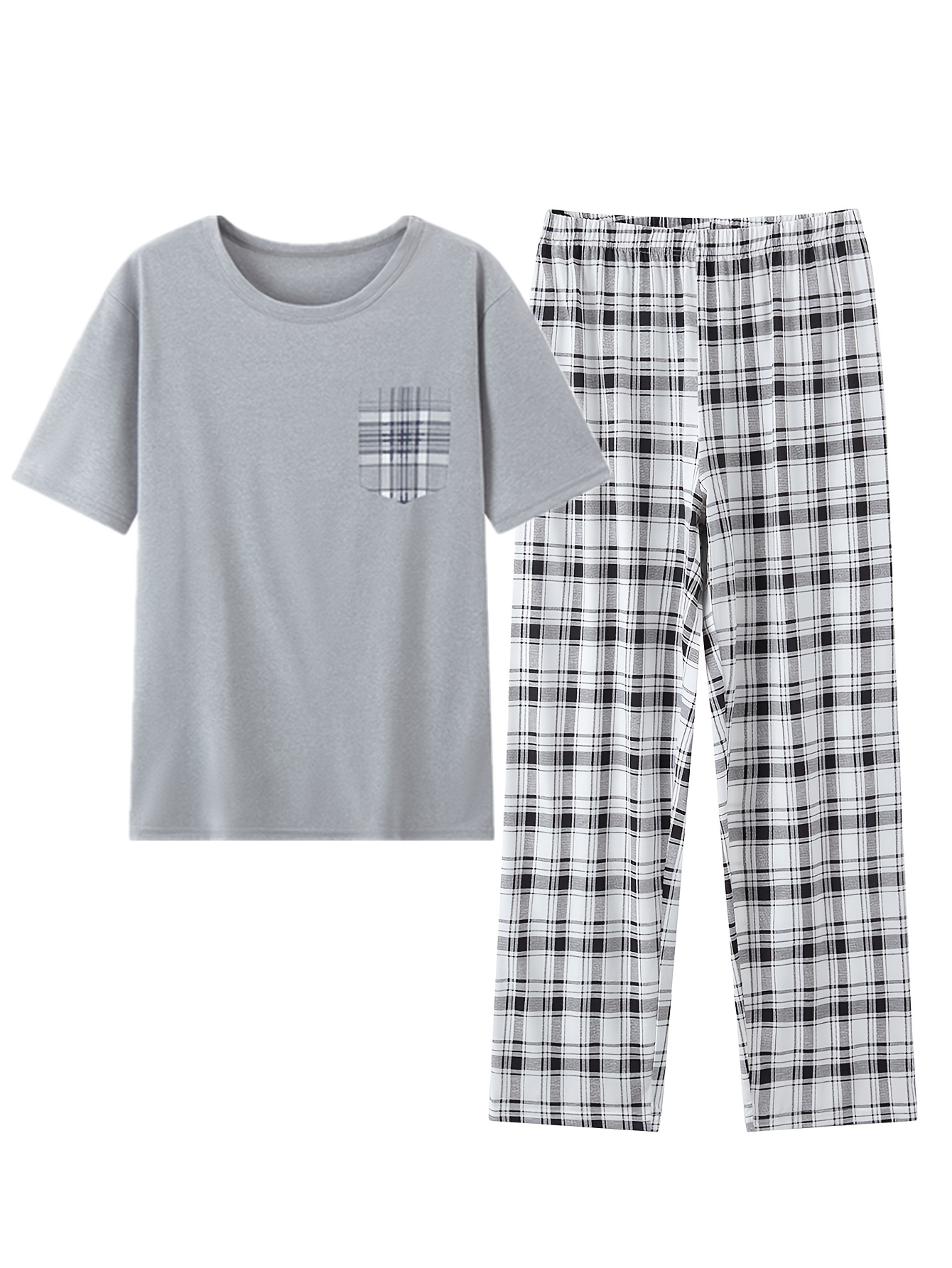 2  set mens short sleeve long pants 2  set mens   set gray white set checkered print