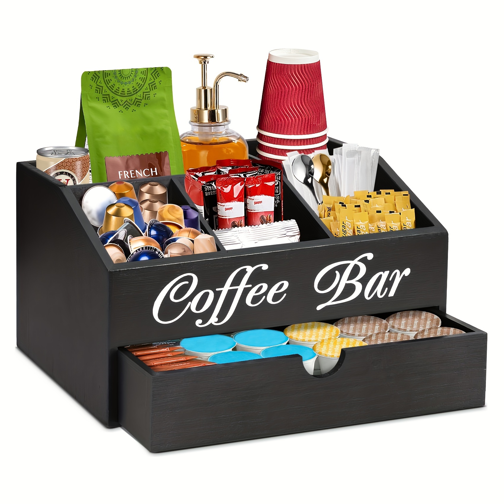 

Rustic Wooden Coffee Bar Organizer With Drawer - Spacious Countertop Storage For Pods, Tea & Condiments - Ideal For Home, Office, Or Dorm Decor