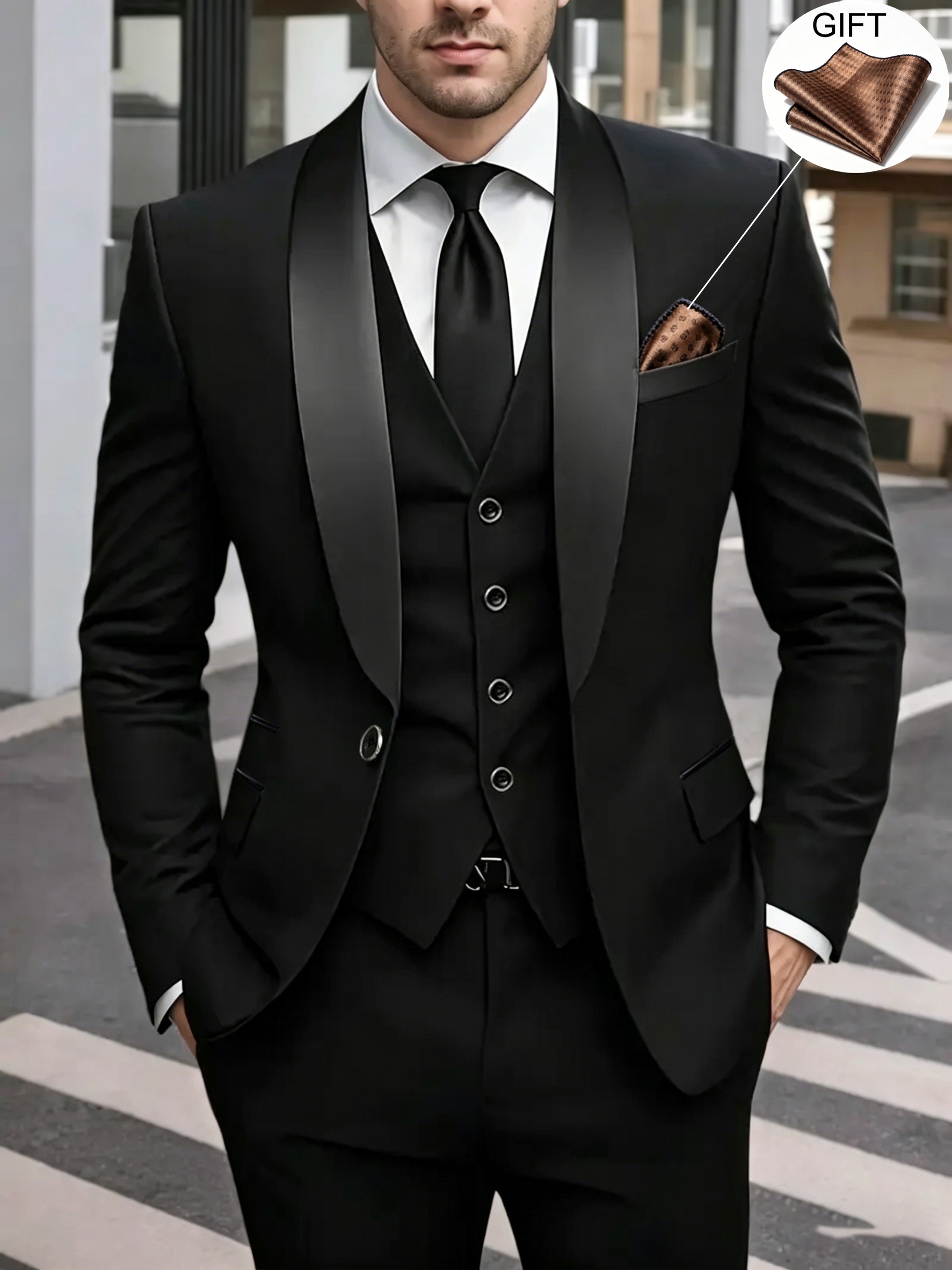 Costume 3 pièces pour homme pour mariage, fête, affaires décontractées : veste de costume + gilet + pantalon classique, ensemble élégant de couleur unie pour marié, convient aux réunions d'affaires, inclut un mouchoir de poche