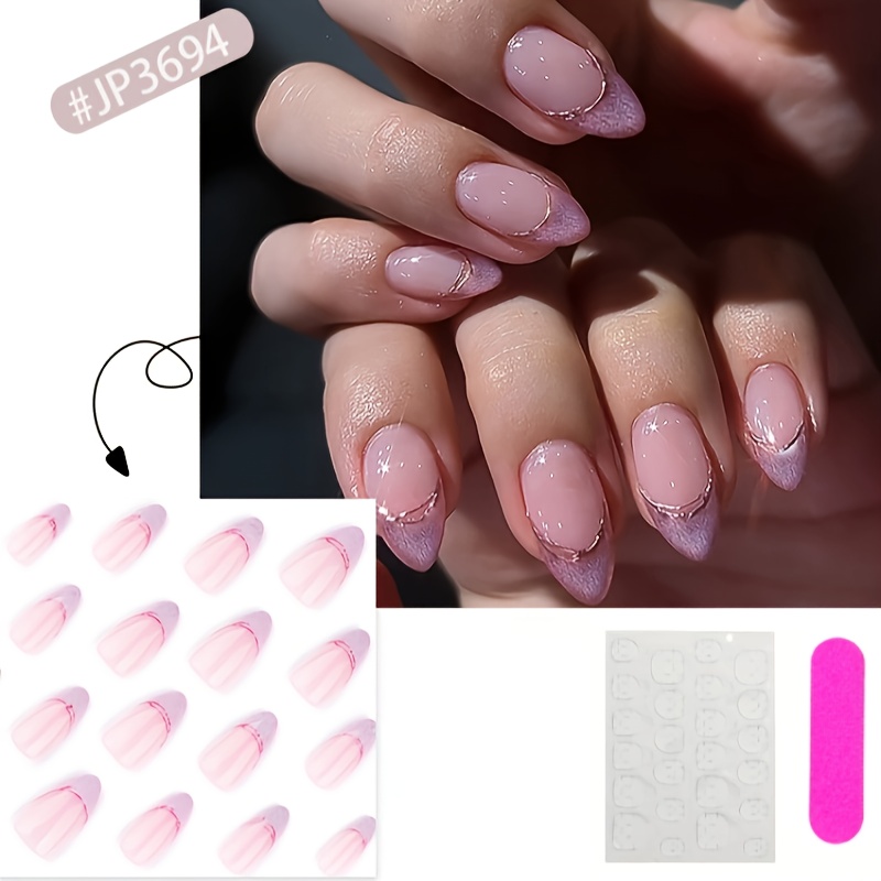 Künstliche Fingernägel Kurz, Mandelform Mit Französischer Spitze & Glitzer – 24 Stück Nagelset