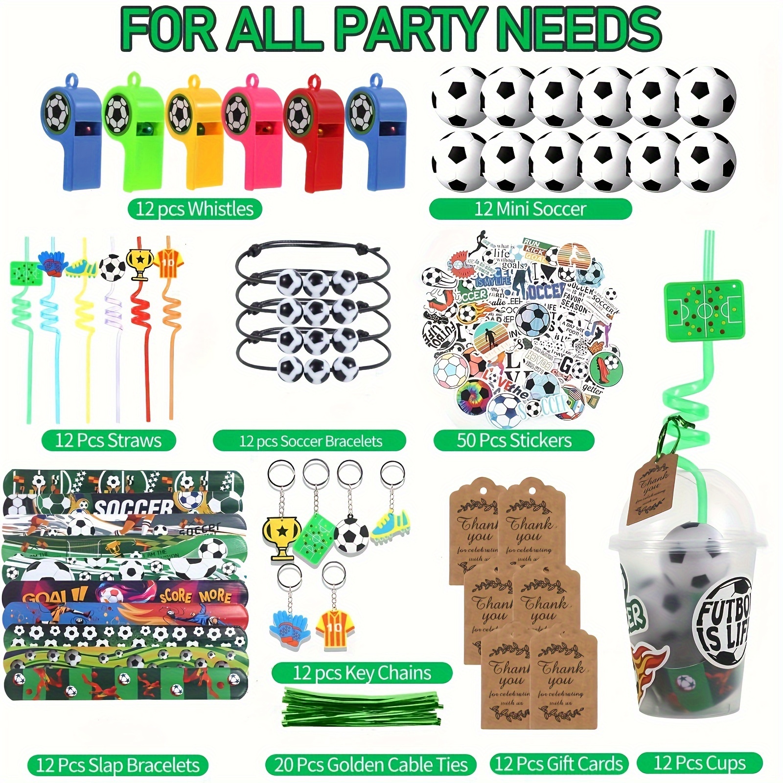 

158 Pcs Soccer Party Favors Sets, With Cup Straw Stress Ball Keychain Sticker Slaps Bracelets Whistle Thank You Tags For Soccer Party Supplies Soccer Birthday Decorations