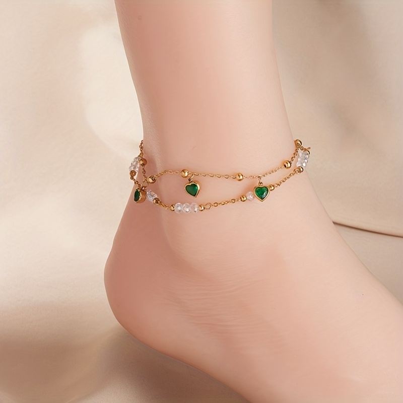 Light Luxury Golden Stainless Steel Ankle Chain, Green Hearts