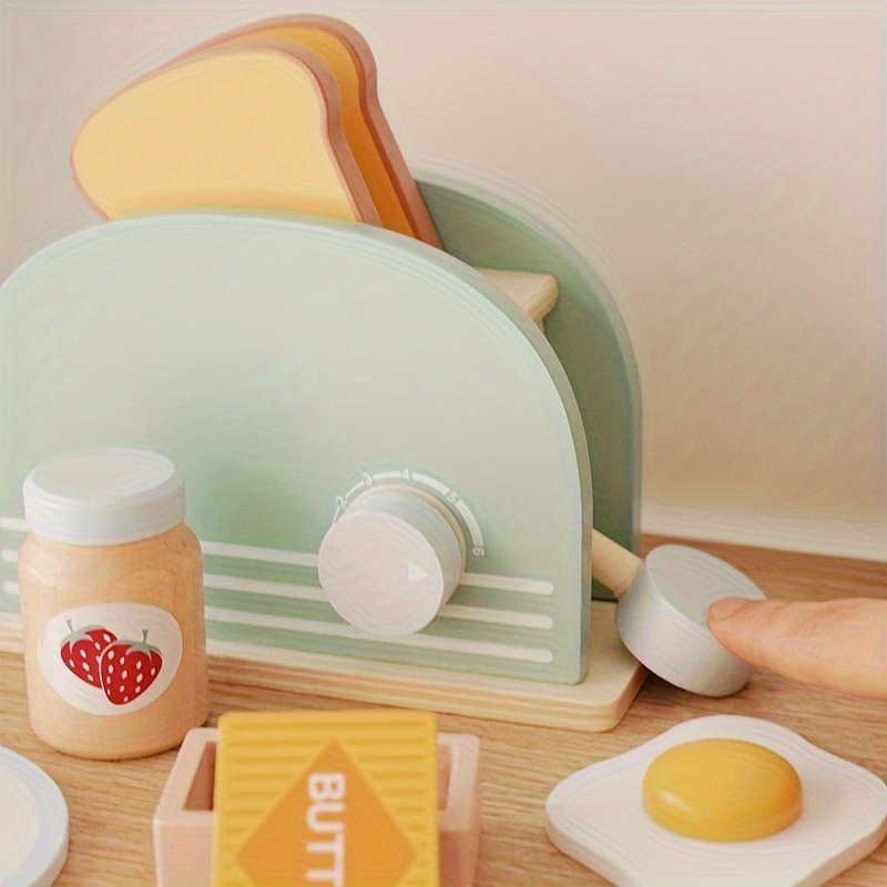 

Wooden Children's Kitchen Playset: Realistic Toaster, Egg, Cheese, And Butter Pieces For Ages 3-6