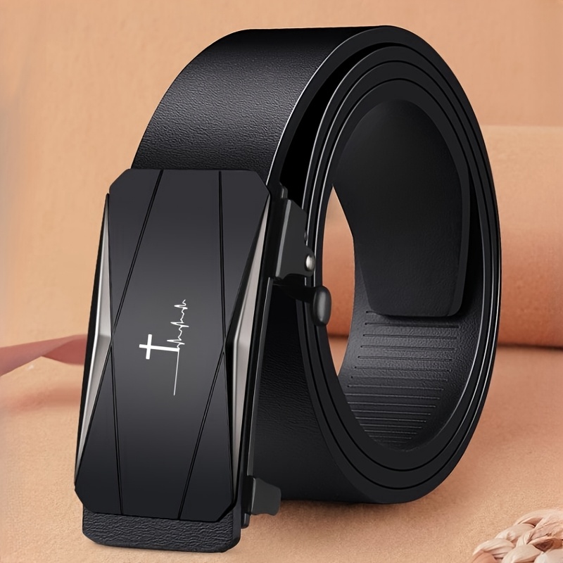 Men's Cross Pattern Faux Leather Belt with Automatic Buckle