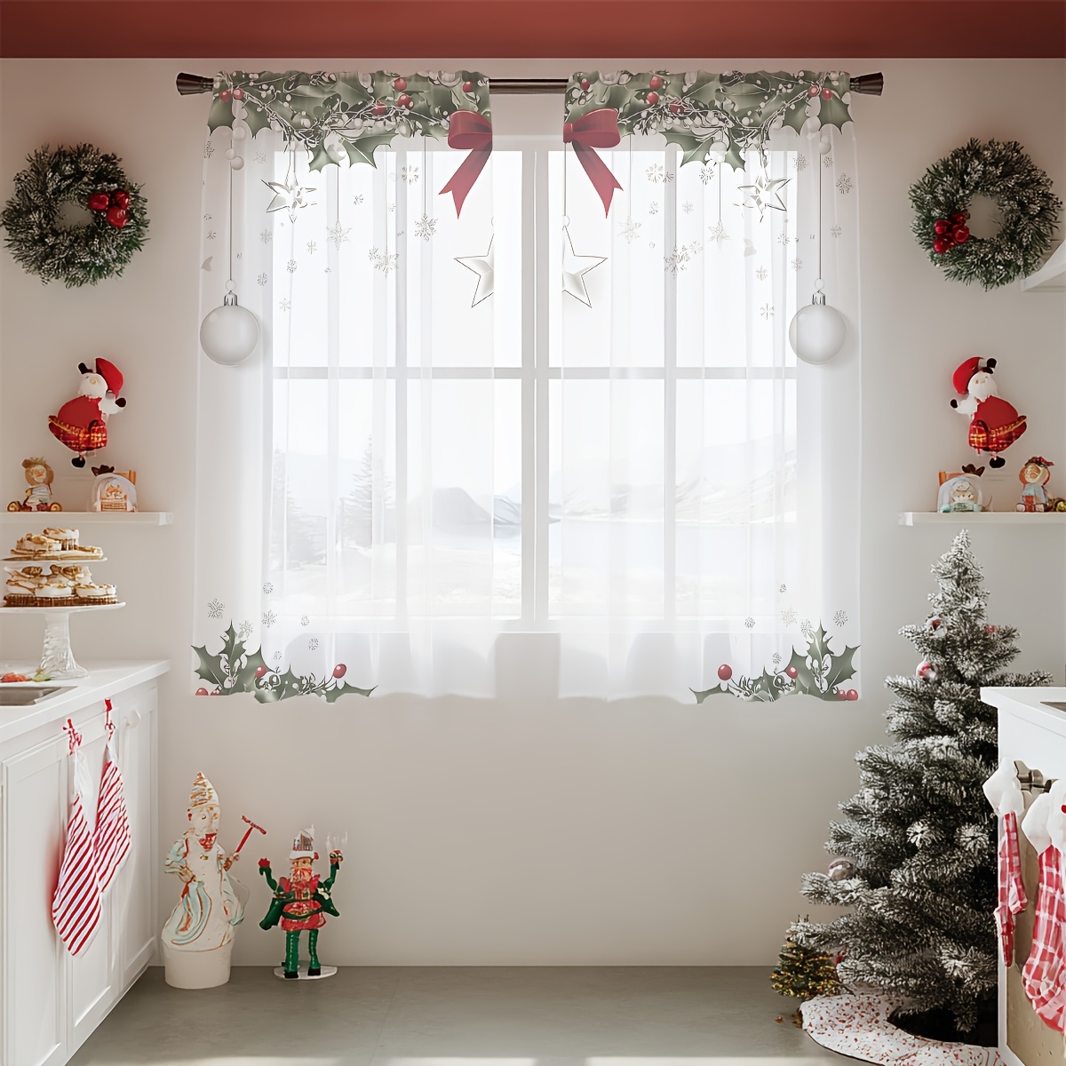 TEMU 2pcs Festive Christmas Semi-sheer Curtains - Red & Print With Snowflakes, Stars, And , Machine Washable Polyester For Living Room, Bedroom,