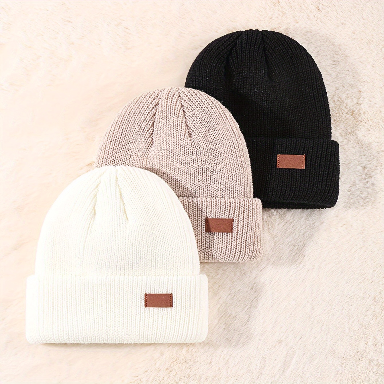 Image of 3pcs Unisex Patch Winter Cap Beanies Cuff Hats Caps Roll-up Edge Beanie Hats For Men Outdoors