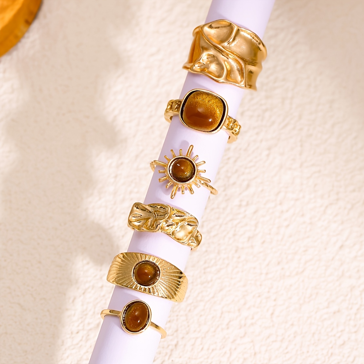 TEMU 6pcs Women's Plated Sun-themed Adjustable Open-end Ring Set - Bohemian Minimalist Vintage Stackable Layering Rings Suitable For Casual Attire,