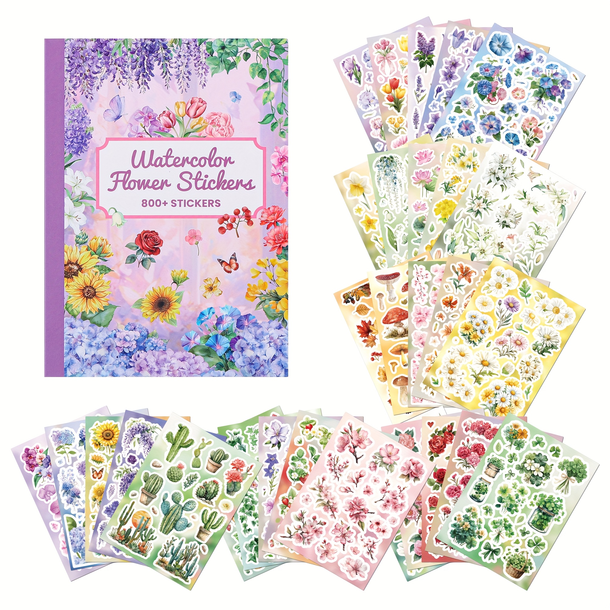 E-shop 800+ Stück Blumen Stickerbuch für Journaling Zubehör, Blatt Blume Aquarell Botanische Sticker für Basteln Scrapbooking Ästhetische Raumdeko Junk